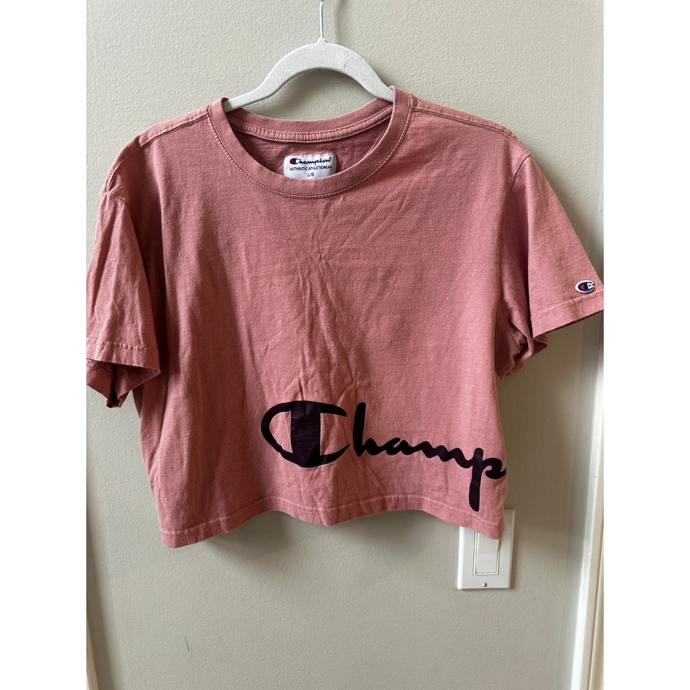 Champion Womens Rose Pink Cropped Script Logo Graphic T-Shirt Size Large